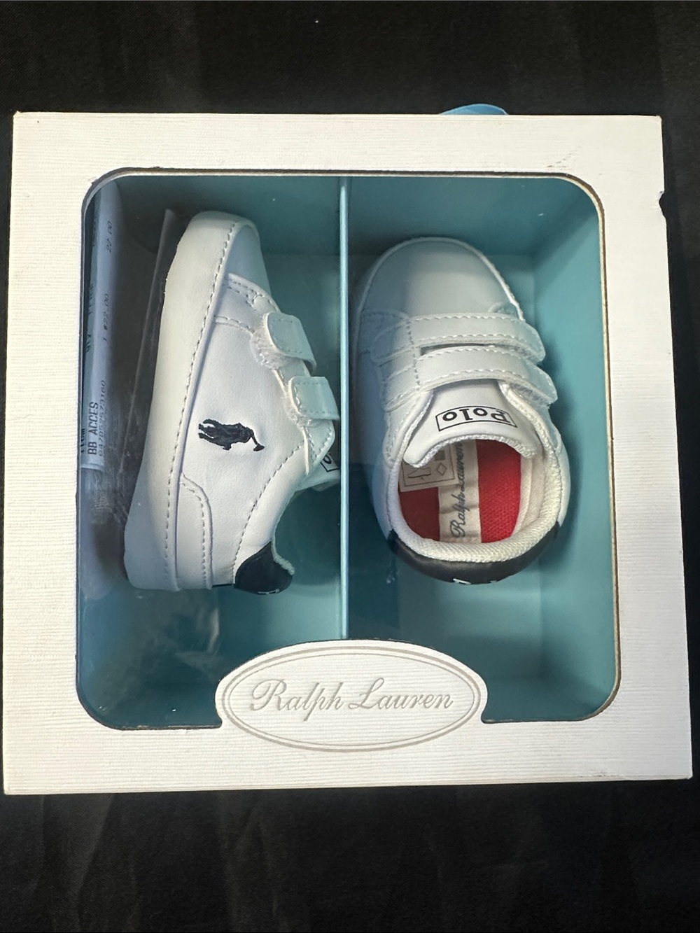 Ralph Lauren White Leather Baby Polo Sneakers with Navy Pony